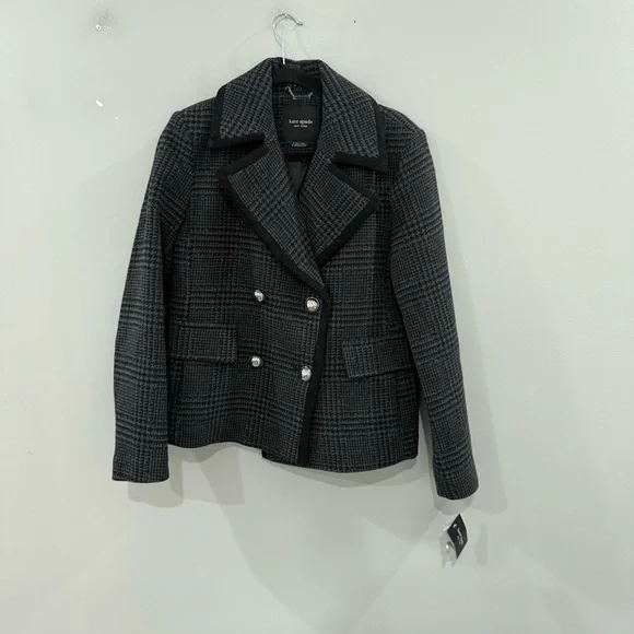 NWT Kate Spade Coat Sparkle Houndstooth Peacoat Cropped Metal Buttons Black Grey - Picture 4 of 7